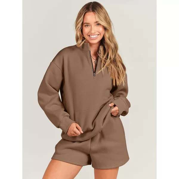 imageANRABESS Women 2 Piece Outfits Sweatsuit Oversized Half Zip Collared Sweatshirt amp Short Set Lounge Wear Tracksuit SetBrown