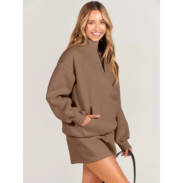 imageANRABESS Women 2 Piece Outfits Sweatsuit Oversized Half Zip Collared Sweatshirt amp Short Set Lounge Wear Tracksuit SetBrown