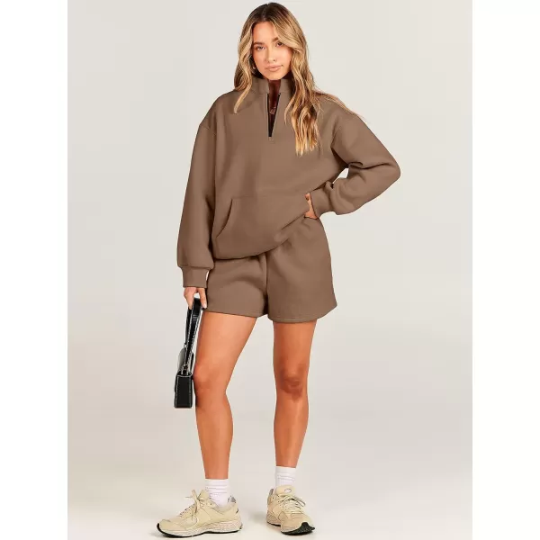 imageANRABESS Women 2 Piece Outfits Sweatsuit Oversized Half Zip Collared Sweatshirt amp Short Set Lounge Wear Tracksuit SetBrown