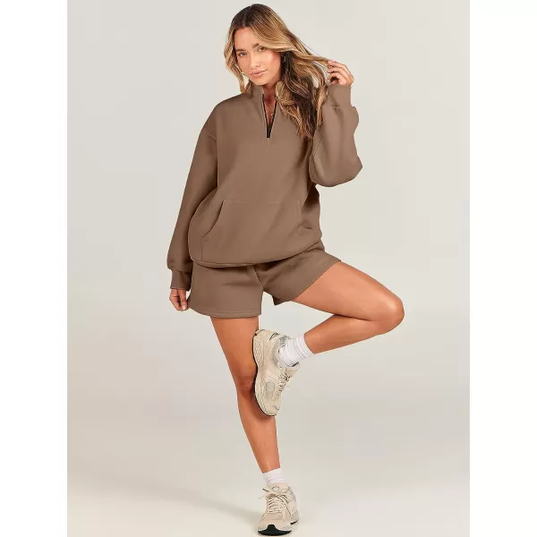 imageANRABESS Women 2 Piece Outfits Sweatsuit Oversized Half Zip Collared Sweatshirt amp Short Set Lounge Wear Tracksuit SetBrown