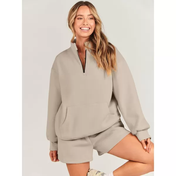 imageANRABESS Women 2 Piece Outfits Sweatsuit Oversized Half Zip Collared Sweatshirt amp Short Set Lounge Wear Tracksuit SetCamel