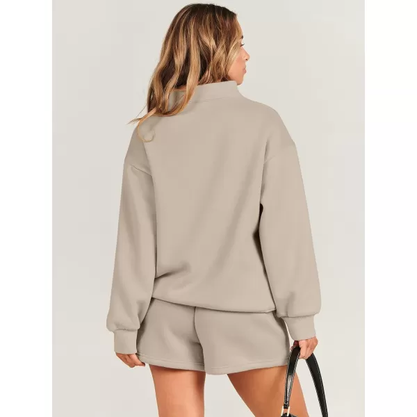 imageANRABESS Women 2 Piece Outfits Sweatsuit Oversized Half Zip Collared Sweatshirt amp Short Set Lounge Wear Tracksuit SetCamel