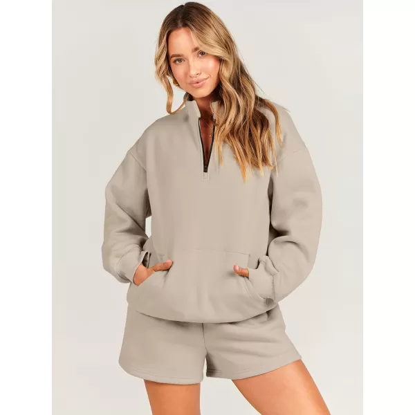 imageANRABESS Women 2 Piece Outfits Sweatsuit Oversized Half Zip Collared Sweatshirt amp Short Set Lounge Wear Tracksuit SetCamel