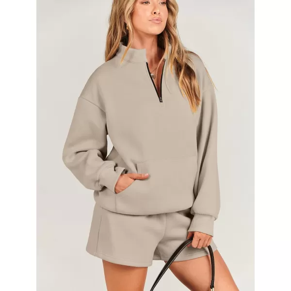 imageANRABESS Women 2 Piece Outfits Sweatsuit Oversized Half Zip Collared Sweatshirt amp Short Set Lounge Wear Tracksuit SetCamel