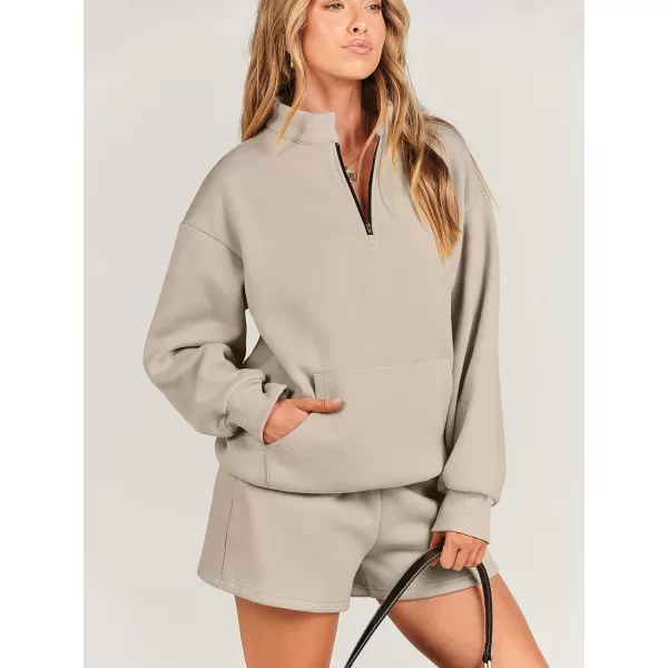 imageANRABESS Women 2 Piece Outfits Sweatsuit Oversized Half Zip Collared Sweatshirt amp Short Set Lounge Wear Tracksuit SetCoffee