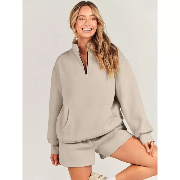 imageANRABESS Women 2 Piece Outfits Sweatsuit Oversized Half Zip Collared Sweatshirt amp Short Set Lounge Wear Tracksuit SetCoffee
