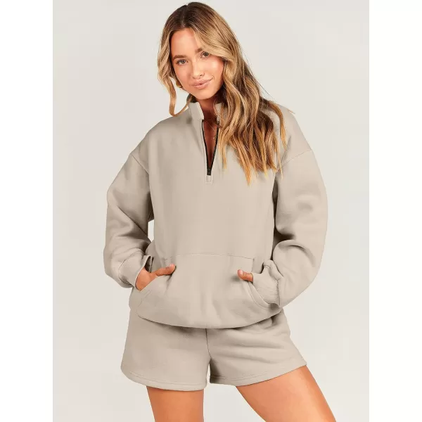imageANRABESS Women 2 Piece Outfits Sweatsuit Oversized Half Zip Collared Sweatshirt amp Short Set Lounge Wear Tracksuit SetCoffee