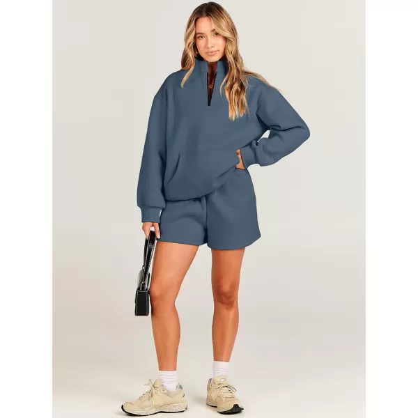imageANRABESS Women 2 Piece Outfits Sweatsuit Oversized Half Zip Collared Sweatshirt amp Short Set Lounge Wear Tracksuit SetDeep Blue