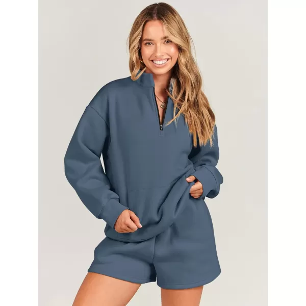 imageANRABESS Women 2 Piece Outfits Sweatsuit Oversized Half Zip Collared Sweatshirt amp Short Set Lounge Wear Tracksuit SetDeep Blue