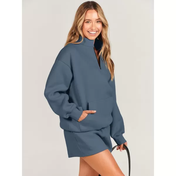 imageANRABESS Women 2 Piece Outfits Sweatsuit Oversized Half Zip Collared Sweatshirt amp Short Set Lounge Wear Tracksuit SetDeep Blue