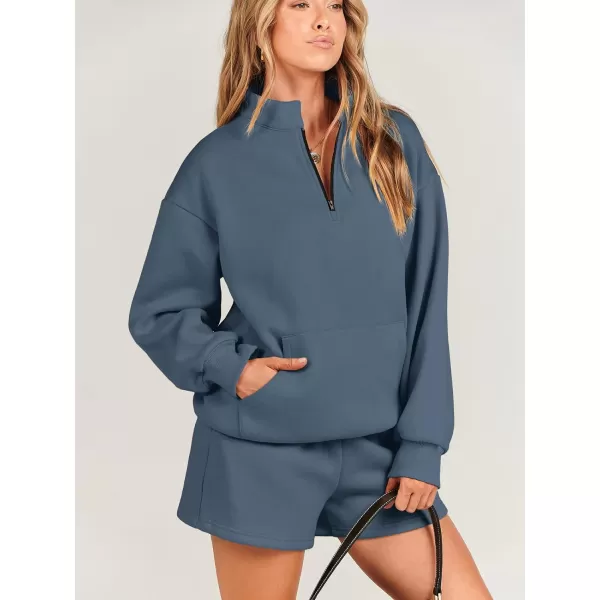 imageANRABESS Women 2 Piece Outfits Sweatsuit Oversized Half Zip Collared Sweatshirt amp Short Set Lounge Wear Tracksuit SetDeep Blue
