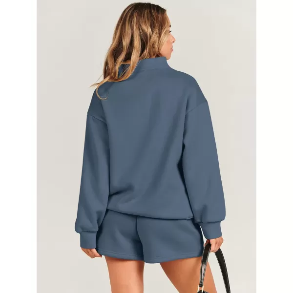 imageANRABESS Women 2 Piece Outfits Sweatsuit Oversized Half Zip Collared Sweatshirt amp Short Set Lounge Wear Tracksuit SetDeep Blue