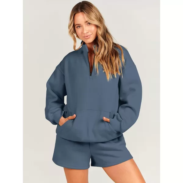 imageANRABESS Women 2 Piece Outfits Sweatsuit Oversized Half Zip Collared Sweatshirt amp Short Set Lounge Wear Tracksuit SetDeep Blue
