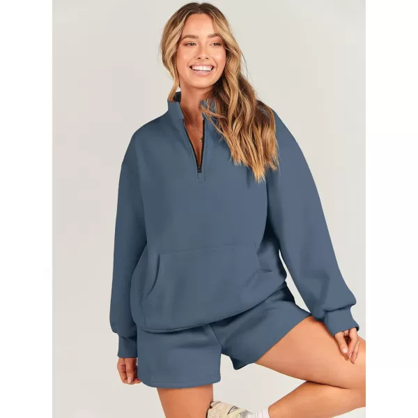 imageANRABESS Women 2 Piece Outfits Sweatsuit Oversized Half Zip Collared Sweatshirt amp Short Set Lounge Wear Tracksuit SetDeep Blue