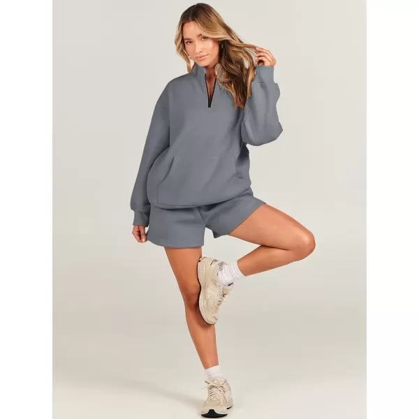 imageANRABESS Women 2 Piece Outfits Sweatsuit Oversized Half Zip Collared Sweatshirt amp Short Set Lounge Wear Tracksuit SetDeep Gray