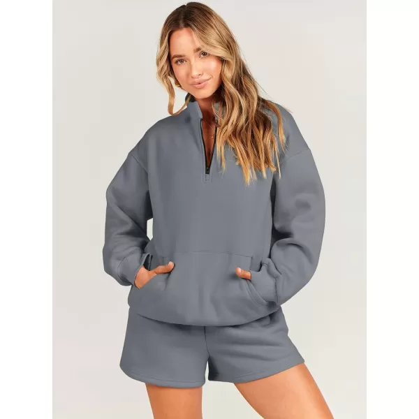 imageANRABESS Women 2 Piece Outfits Sweatsuit Oversized Half Zip Collared Sweatshirt amp Short Set Lounge Wear Tracksuit SetDeep Gray