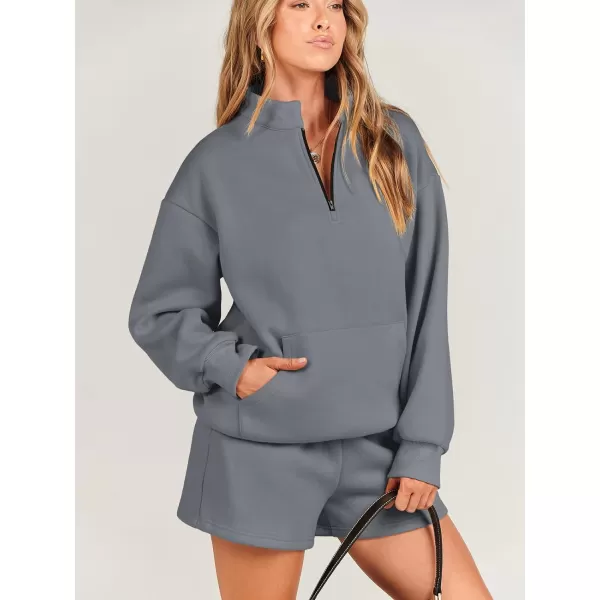 imageANRABESS Women 2 Piece Outfits Sweatsuit Oversized Half Zip Collared Sweatshirt amp Short Set Lounge Wear Tracksuit SetDeep Gray