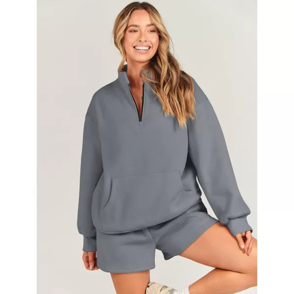 imageANRABESS Women 2 Piece Outfits Sweatsuit Oversized Half Zip Collared Sweatshirt amp Short Set Lounge Wear Tracksuit SetDeep Gray