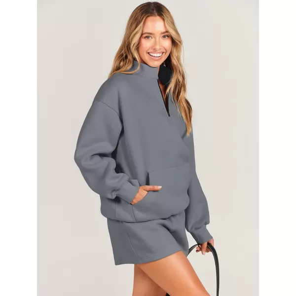 imageANRABESS Women 2 Piece Outfits Sweatsuit Oversized Half Zip Collared Sweatshirt amp Short Set Lounge Wear Tracksuit SetDeep Gray