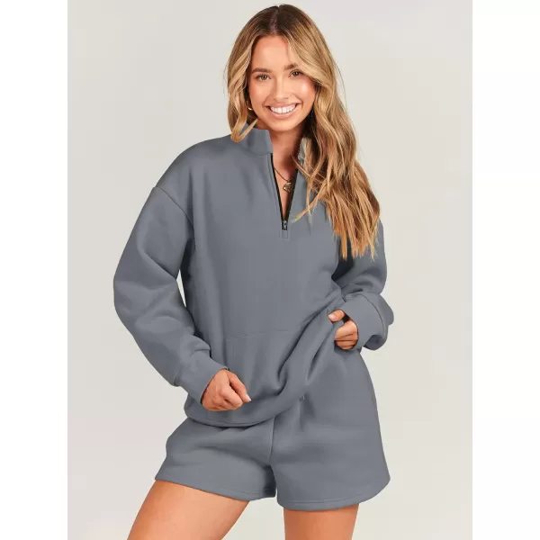 imageANRABESS Women 2 Piece Outfits Sweatsuit Oversized Half Zip Collared Sweatshirt amp Short Set Lounge Wear Tracksuit SetDeep Gray