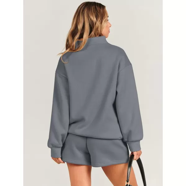 imageANRABESS Women 2 Piece Outfits Sweatsuit Oversized Half Zip Collared Sweatshirt amp Short Set Lounge Wear Tracksuit SetDeep Gray
