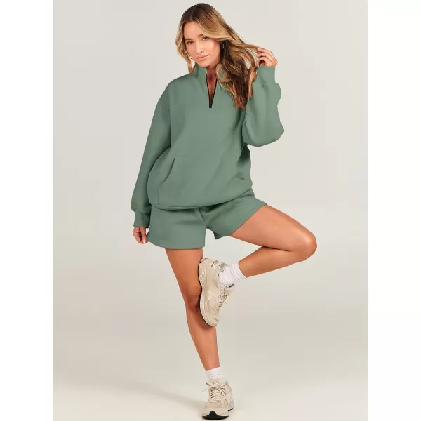 imageANRABESS Women 2 Piece Outfits Sweatsuit Oversized Half Zip Collared Sweatshirt amp Short Set Lounge Wear Tracksuit SetDeep Green