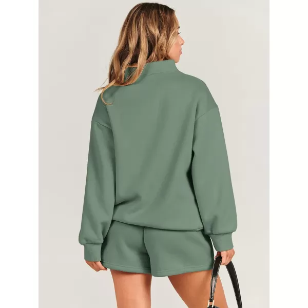 imageANRABESS Women 2 Piece Outfits Sweatsuit Oversized Half Zip Collared Sweatshirt amp Short Set Lounge Wear Tracksuit SetDeep Green