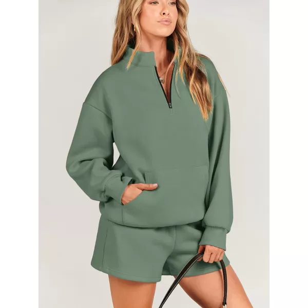 imageANRABESS Women 2 Piece Outfits Sweatsuit Oversized Half Zip Collared Sweatshirt amp Short Set Lounge Wear Tracksuit SetDeep Green