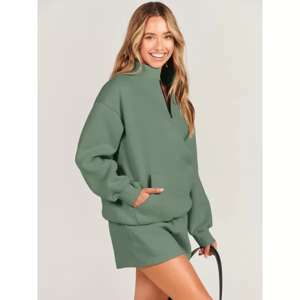 imageANRABESS Women 2 Piece Outfits Sweatsuit Oversized Half Zip Collared Sweatshirt amp Short Set Lounge Wear Tracksuit SetDeep Green