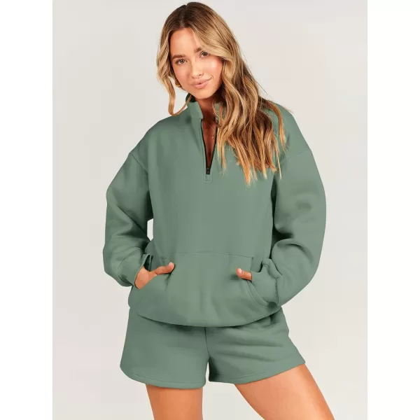 imageANRABESS Women 2 Piece Outfits Sweatsuit Oversized Half Zip Collared Sweatshirt amp Short Set Lounge Wear Tracksuit SetDeep Green