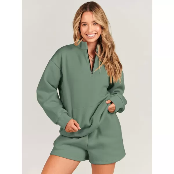 imageANRABESS Women 2 Piece Outfits Sweatsuit Oversized Half Zip Collared Sweatshirt amp Short Set Lounge Wear Tracksuit SetDeep Green