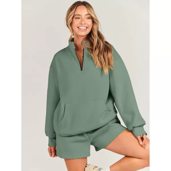 imageANRABESS Women 2 Piece Outfits Sweatsuit Oversized Half Zip Collared Sweatshirt amp Short Set Lounge Wear Tracksuit SetDeep Green