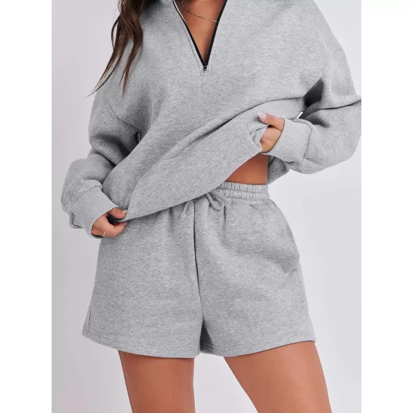 imageANRABESS Women 2 Piece Outfits Sweatsuit Oversized Half Zip Collared Sweatshirt amp Short Set Lounge Wear Tracksuit SetGray