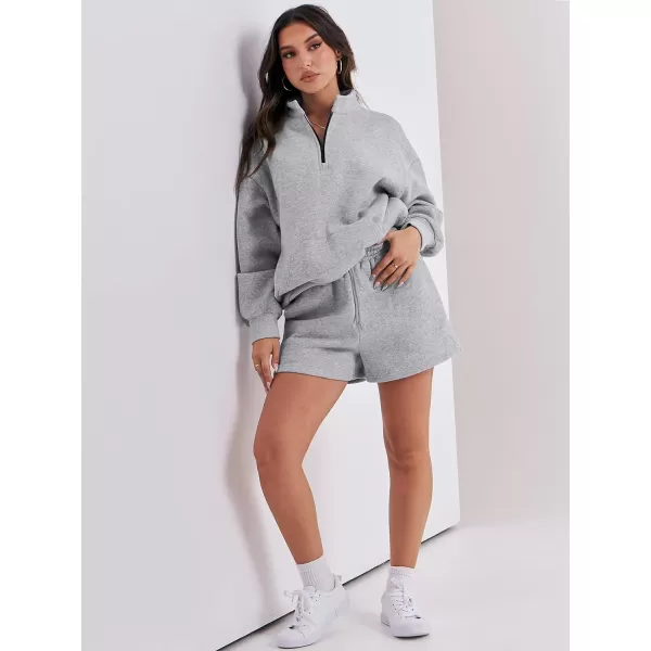 imageANRABESS Women 2 Piece Outfits Sweatsuit Oversized Half Zip Collared Sweatshirt amp Short Set Lounge Wear Tracksuit SetGray