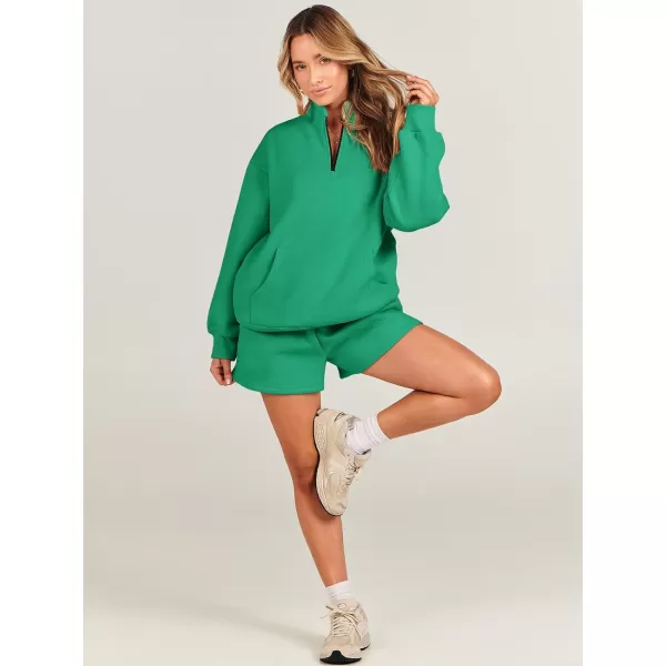 imageANRABESS Women 2 Piece Outfits Sweatsuit Oversized Half Zip Collared Sweatshirt amp Short Set Lounge Wear Tracksuit SetGreen