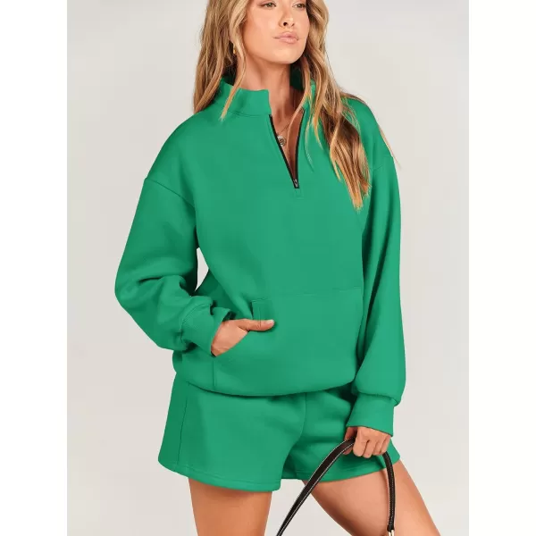 imageANRABESS Women 2 Piece Outfits Sweatsuit Oversized Half Zip Collared Sweatshirt amp Short Set Lounge Wear Tracksuit SetGreen