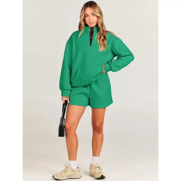 imageANRABESS Women 2 Piece Outfits Sweatsuit Oversized Half Zip Collared Sweatshirt amp Short Set Lounge Wear Tracksuit SetGreen