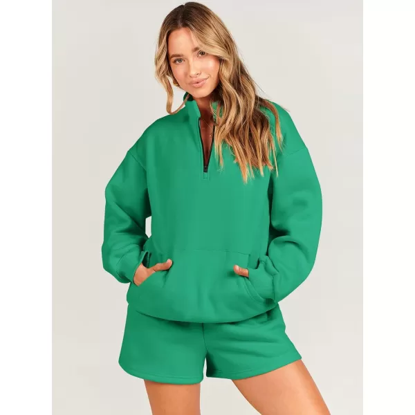 imageANRABESS Women 2 Piece Outfits Sweatsuit Oversized Half Zip Collared Sweatshirt amp Short Set Lounge Wear Tracksuit SetGreen