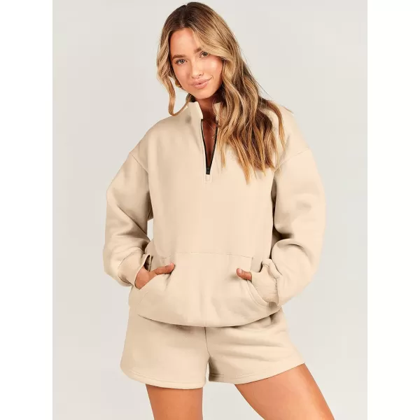 imageANRABESS Women 2 Piece Outfits Sweatsuit Oversized Half Zip Collared Sweatshirt amp Short Set Lounge Wear Tracksuit SetKhaki