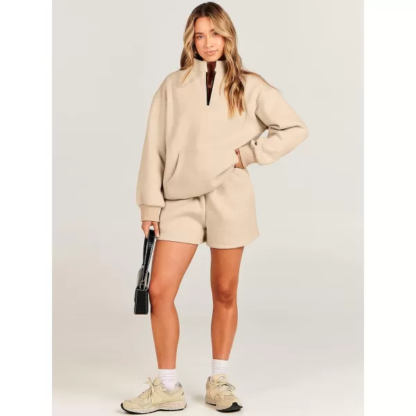 imageANRABESS Women 2 Piece Outfits Sweatsuit Oversized Half Zip Collared Sweatshirt amp Short Set Lounge Wear Tracksuit SetKhaki