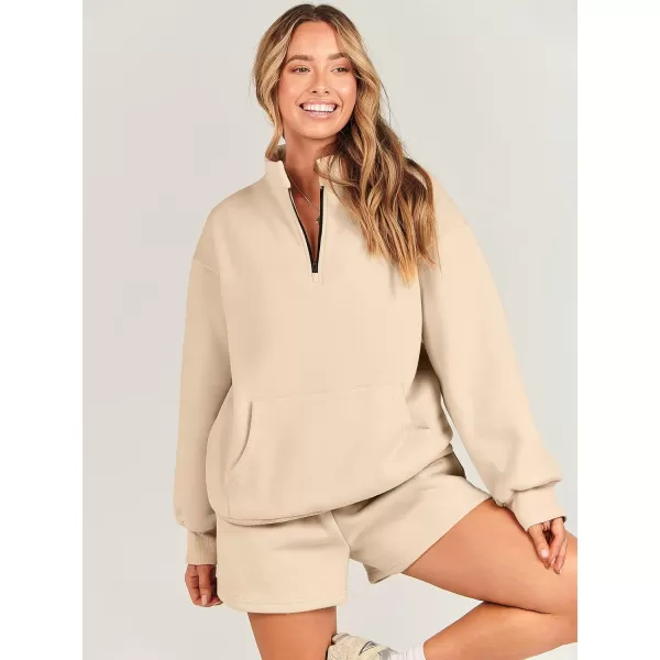 imageANRABESS Women 2 Piece Outfits Sweatsuit Oversized Half Zip Collared Sweatshirt amp Short Set Lounge Wear Tracksuit SetKhaki
