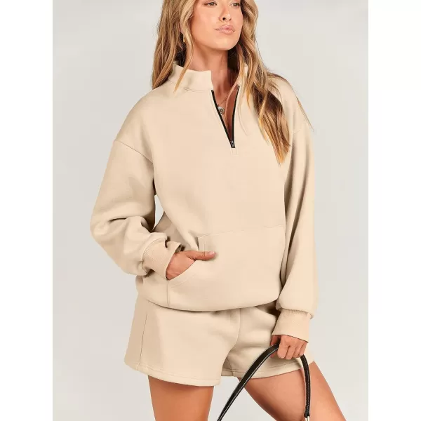 imageANRABESS Women 2 Piece Outfits Sweatsuit Oversized Half Zip Collared Sweatshirt amp Short Set Lounge Wear Tracksuit SetKhaki
