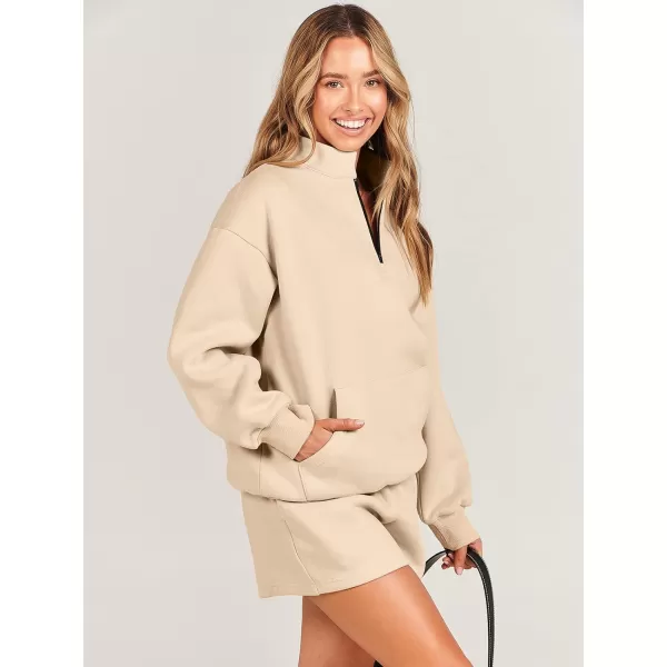 imageANRABESS Women 2 Piece Outfits Sweatsuit Oversized Half Zip Collared Sweatshirt amp Short Set Lounge Wear Tracksuit SetKhaki