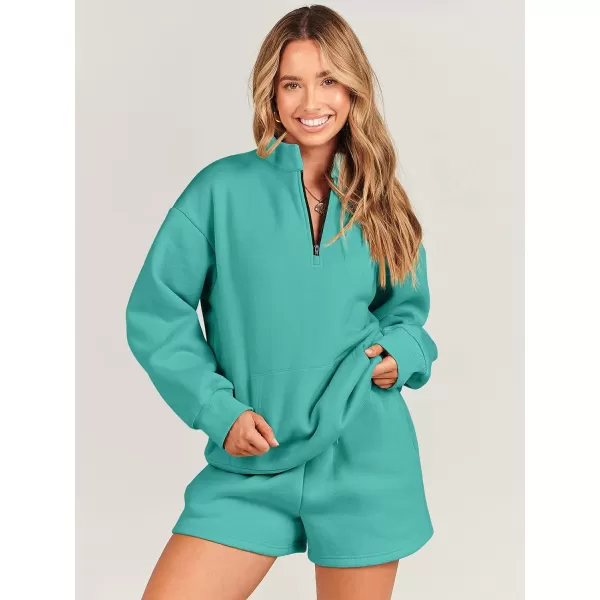 imageANRABESS Women 2 Piece Outfits Sweatsuit Oversized Half Zip Collared Sweatshirt amp Short Set Lounge Wear Tracksuit SetLake Green