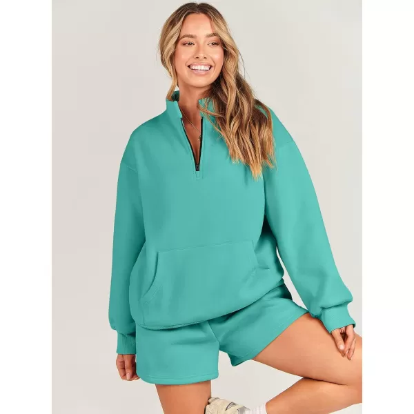 imageANRABESS Women 2 Piece Outfits Sweatsuit Oversized Half Zip Collared Sweatshirt amp Short Set Lounge Wear Tracksuit SetLake Green