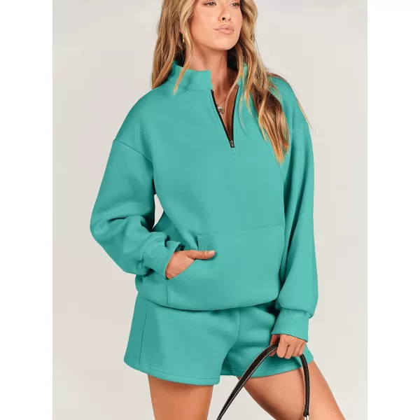 imageANRABESS Women 2 Piece Outfits Sweatsuit Oversized Half Zip Collared Sweatshirt amp Short Set Lounge Wear Tracksuit SetLake Green