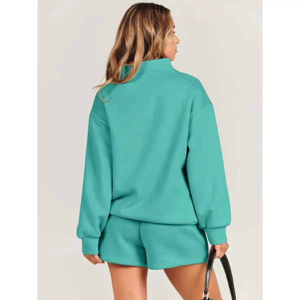 imageANRABESS Women 2 Piece Outfits Sweatsuit Oversized Half Zip Collared Sweatshirt amp Short Set Lounge Wear Tracksuit SetLake Green