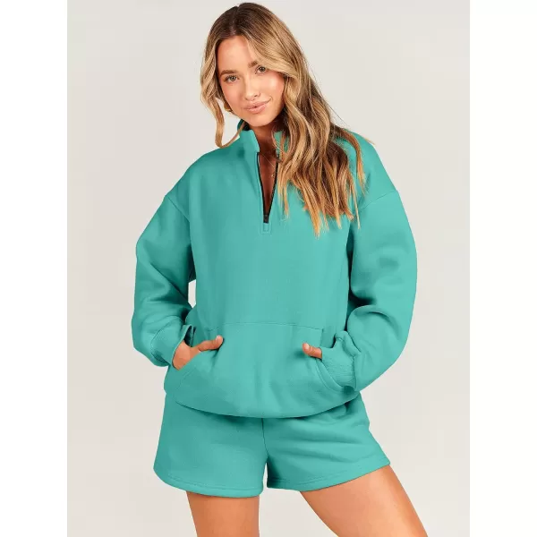 imageANRABESS Women 2 Piece Outfits Sweatsuit Oversized Half Zip Collared Sweatshirt amp Short Set Lounge Wear Tracksuit SetLake Green