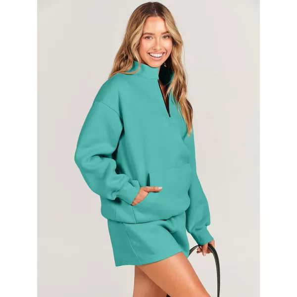 imageANRABESS Women 2 Piece Outfits Sweatsuit Oversized Half Zip Collared Sweatshirt amp Short Set Lounge Wear Tracksuit SetLake Green
