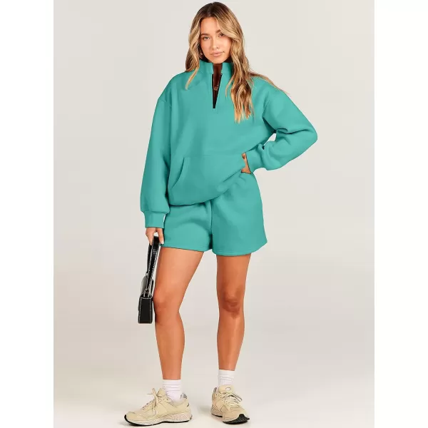 imageANRABESS Women 2 Piece Outfits Sweatsuit Oversized Half Zip Collared Sweatshirt amp Short Set Lounge Wear Tracksuit SetLake Green